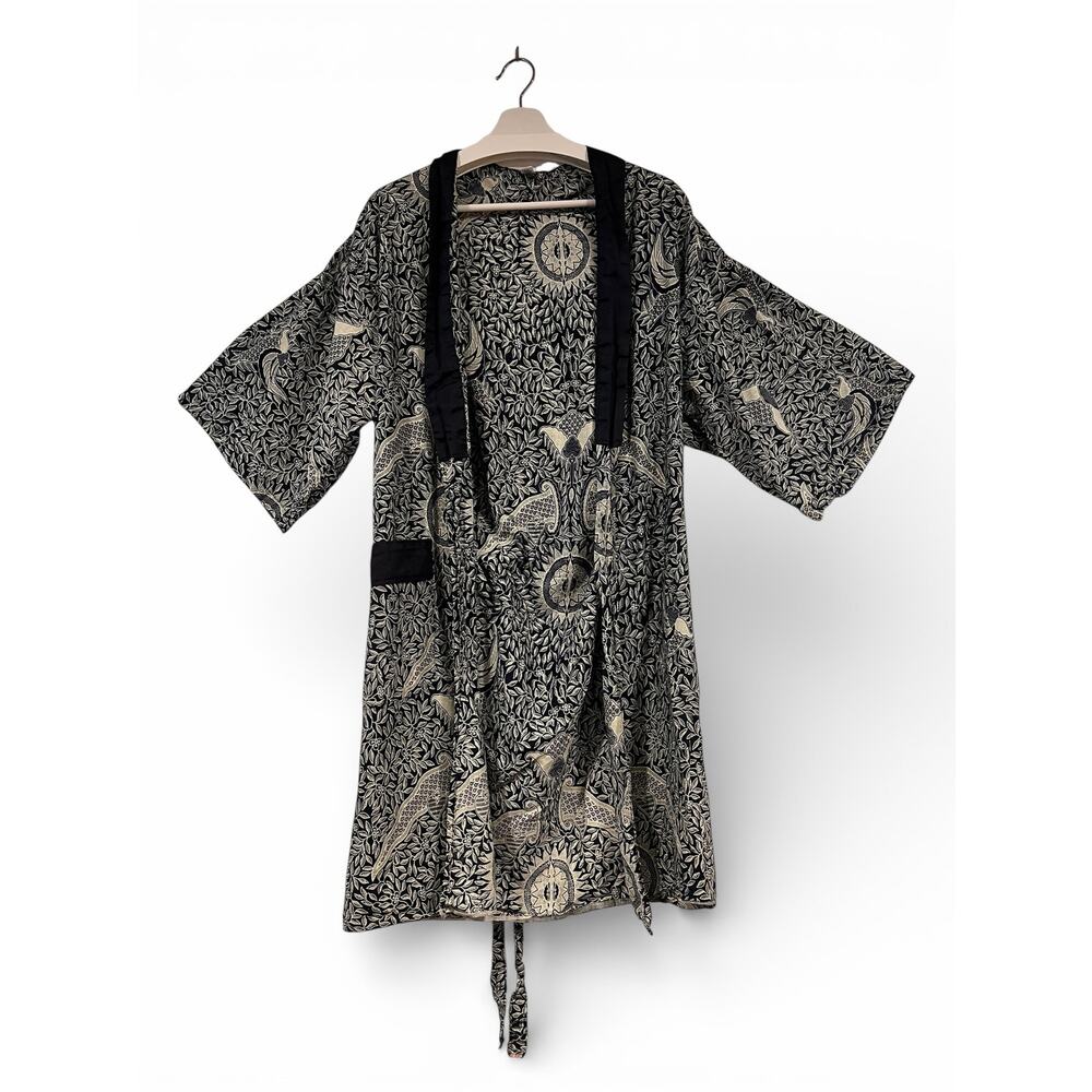 Bali Bagus Batik Boho Short Cotton Robe Kimono Coverup S/M Black White - Picture 2 of 8